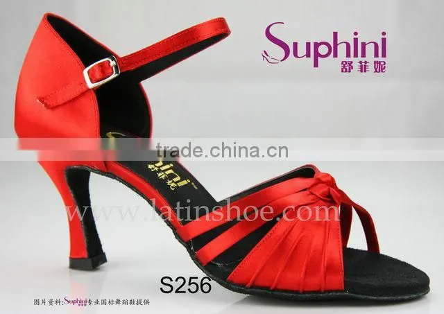 Suphini Ladies Red Satin Black Leather Sole Dance Latin Shoes Wholesale