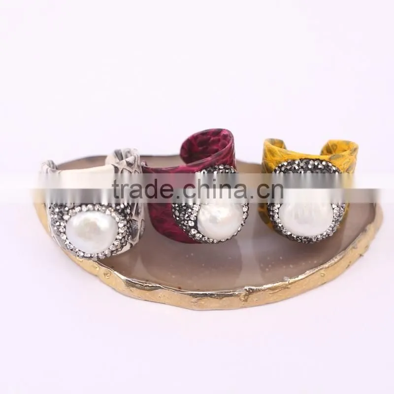 Natural Freshwater Pearl Ring, Snakeskin Rings, Pave Setting Crystal Jewelry Finger Gemstone Fashion Ring
