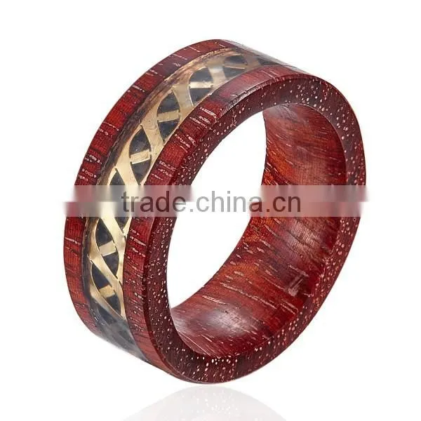 Natural Red Wooden Ring with Metal Piece Inlay