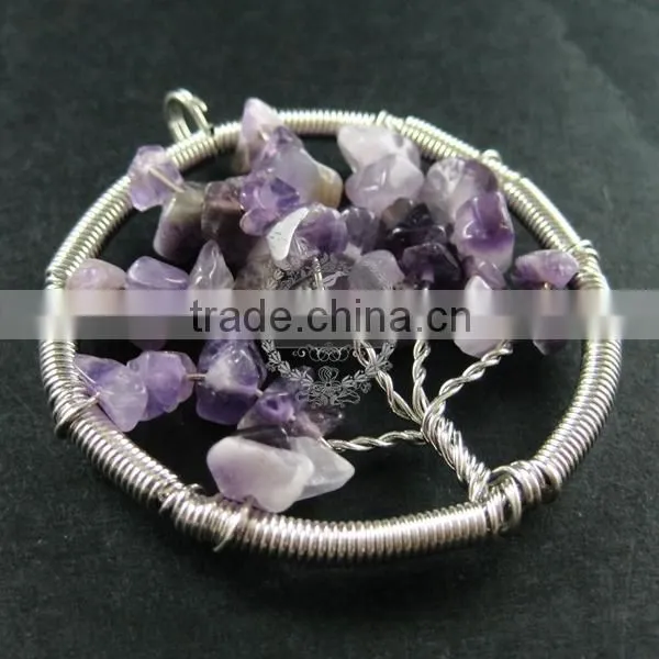 50mm round handmade wiring tree in random purple amethyst stone pendant charm DIY supplies 1820240