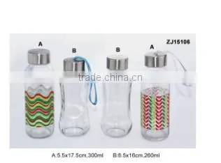 clear Eco-friendly glass water drinks bottle with stainless steel lid