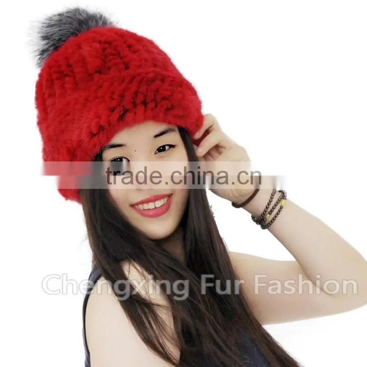 CX-C-239N Women Knitted Real Mink Fur Hats With Fox Fur Pom Pom