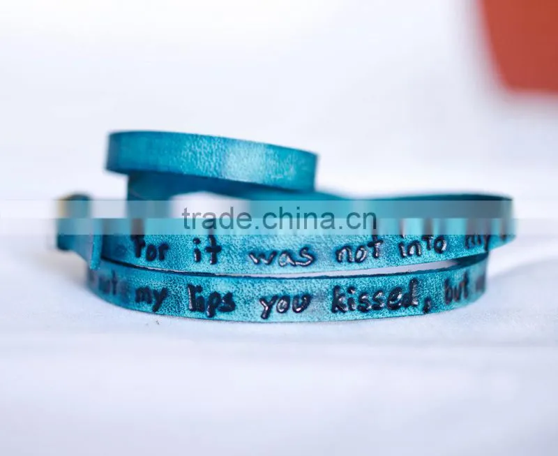 personalized inspired words engraved leather bracelet, custom logo hand-stamped leather bracelet, adjustable leather bracelet