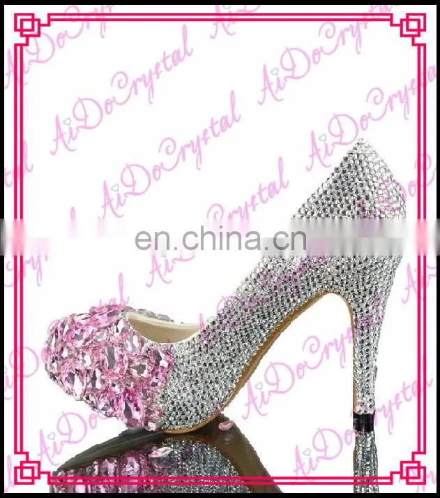 Aidocrystal 2016 pink with white crystal rhinestone round toe wedding low heel girls party shoes