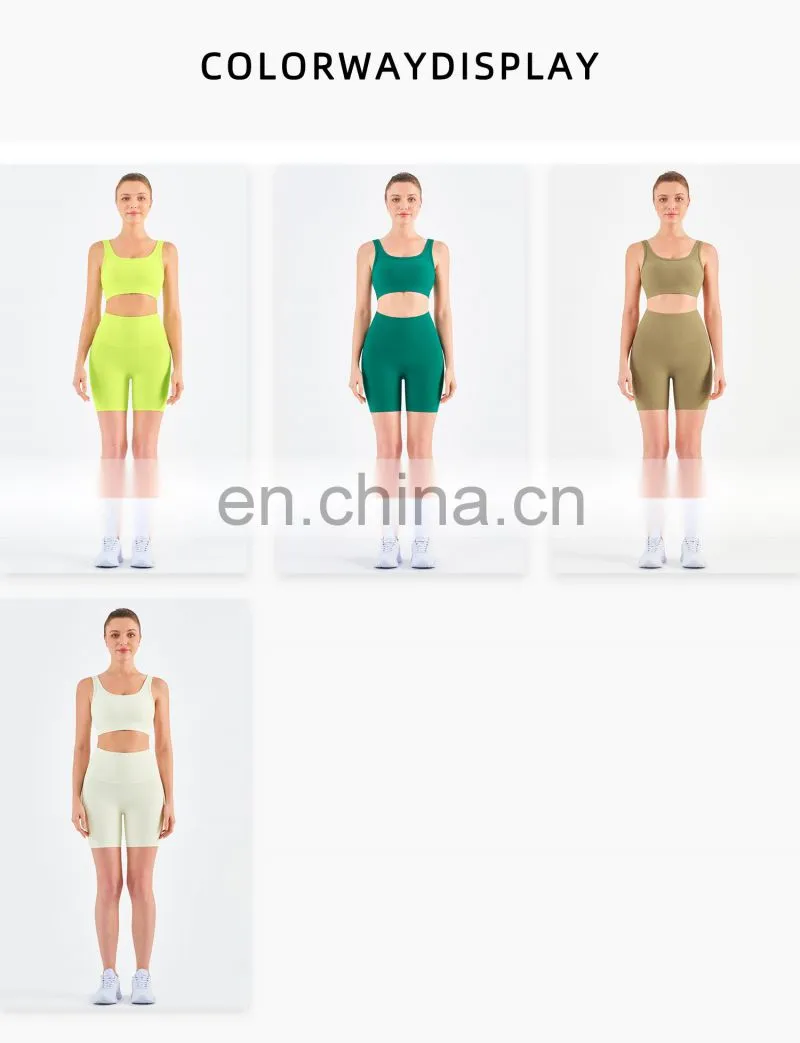Athletic Ribbed Yoga Fitness Women Square Neckline Sports Bra Biker Shorts Set Gym