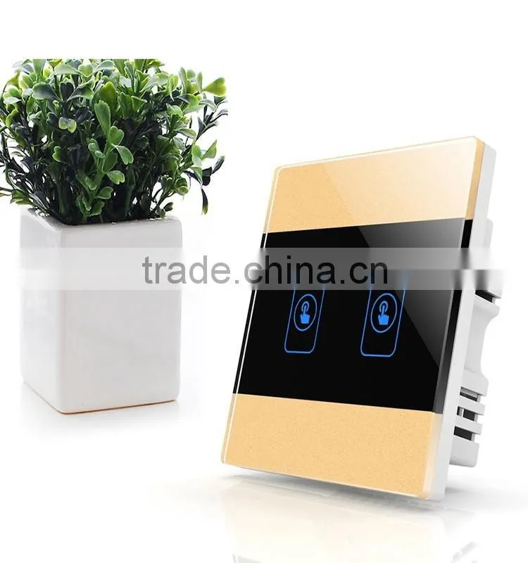 Gold 2 Gang Crystal Glass Panel Touch Smart Home Electric Wall Switch