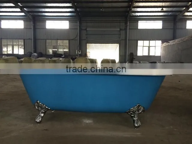 rectangular freestanding cast iron bathtub with wooden cradle