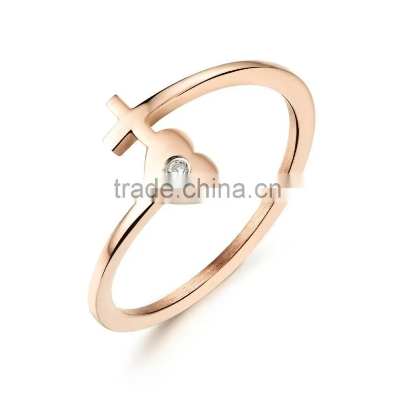 new product 2017 fashion 18K rose gold plated elegant ring woman with heart and cross