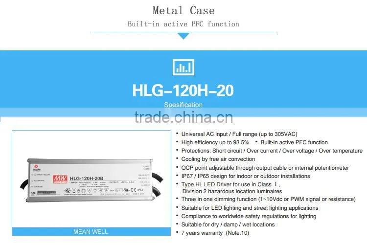 IP67 rated Meanwell HLG-120H-20B 120w 1~10Vdc pwm led driver constant voltage dimmable led driver