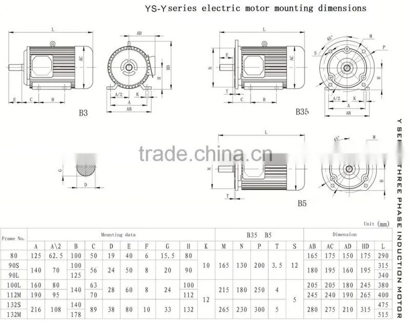 Y three phase electric motor for conveyor belt