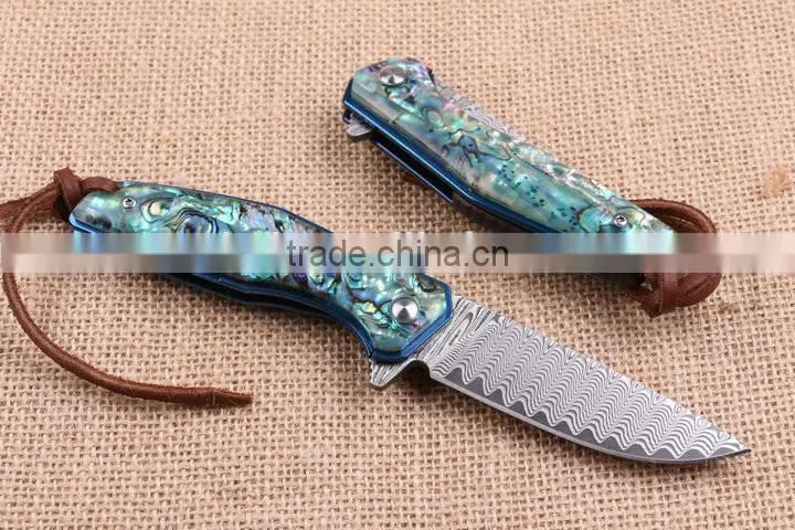 OEM Damascus pocket knife Application and Abalone Handle knife