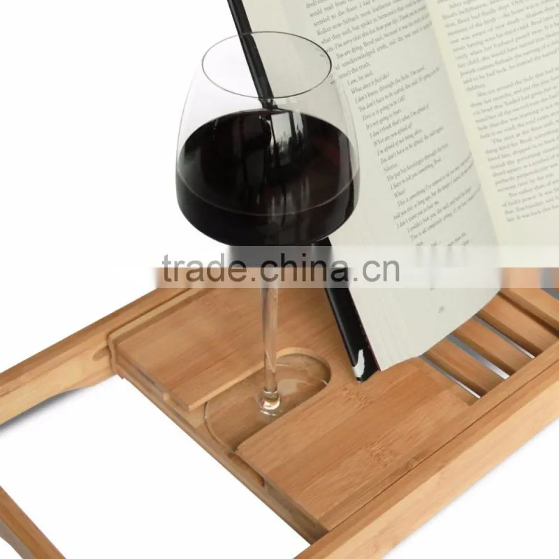 Bamboo Bathtub Caddy with Extending Sides and Adjustable Book Holder