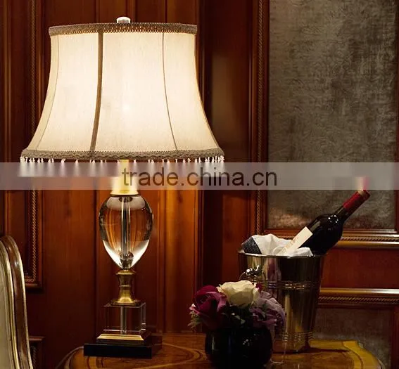 Gold plated metal clear K9 crystal table lamp with round fabric lampshade