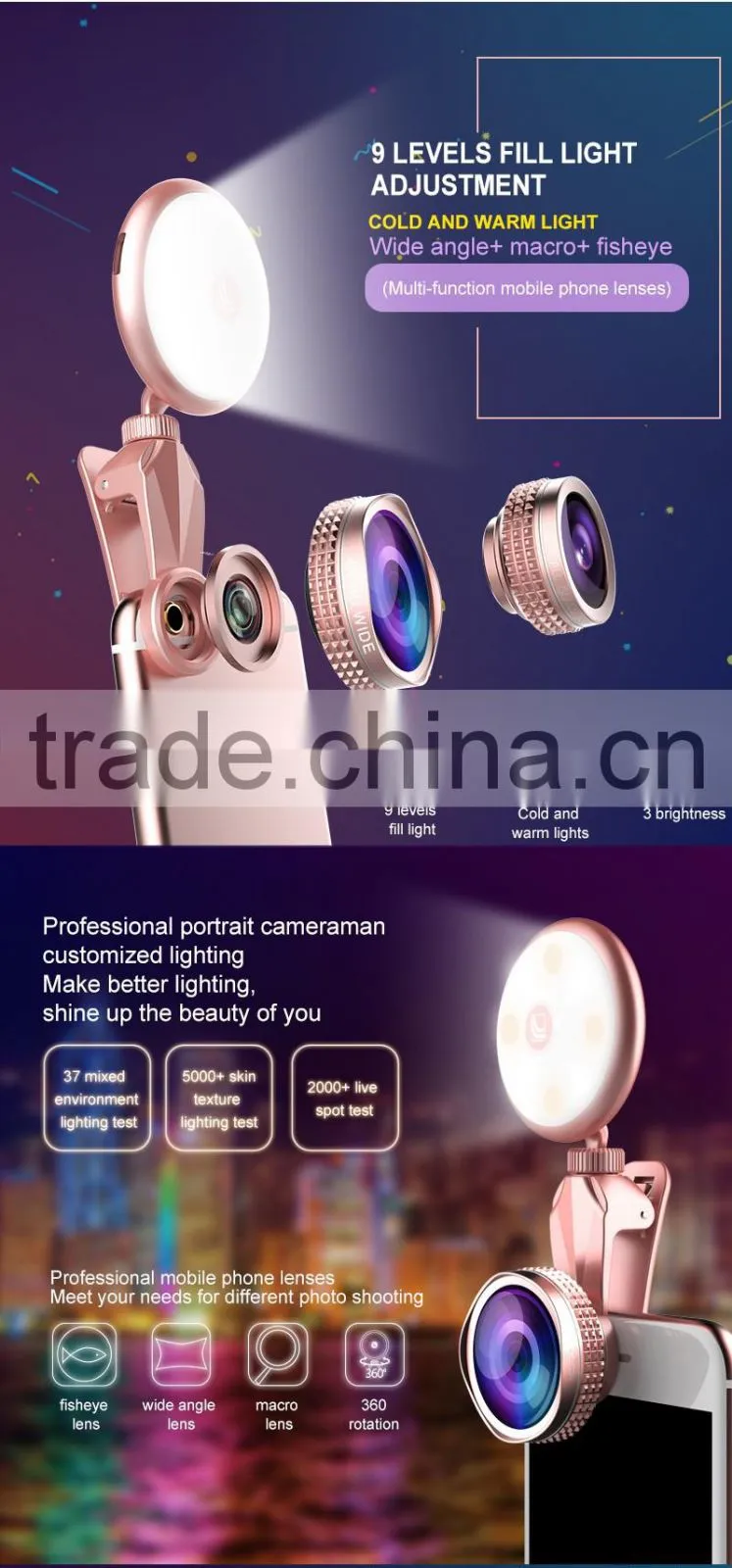 Wholesale Beauty RK19 selfie ring light Mobile phone 2 in 1 fisheyes lens Led fill light