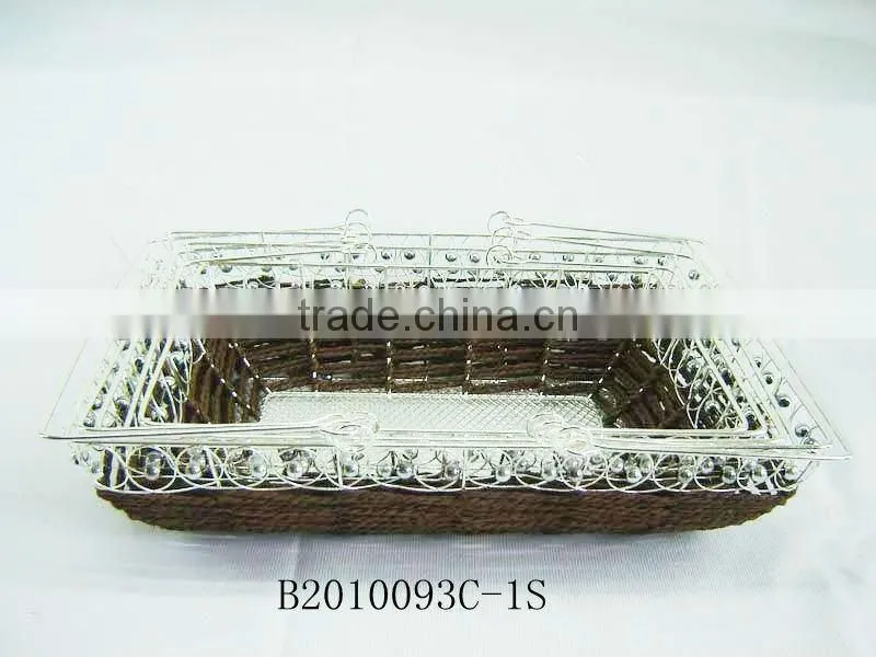 Silver metal wire and paper rope rectangle fruit storage basketry