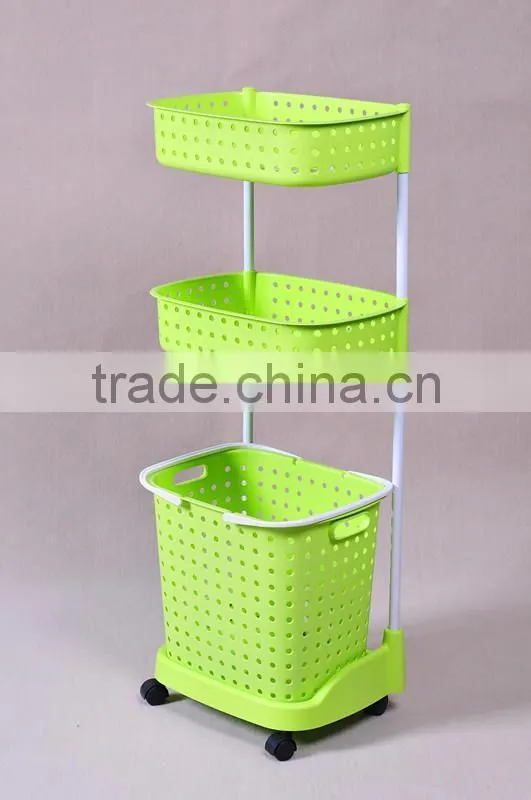 plastic three layers laundry basket bathroom shelves with wheels