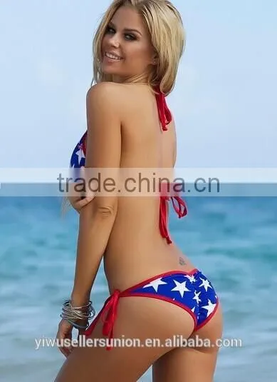 Micro Flag Print Bikini Blue White Star with Red Shimmer Piping Swimsuit