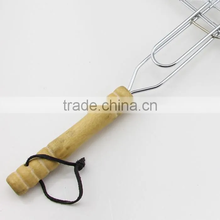 Silver Tone Metal BBQ Grilling Net with Round Wooden Handle