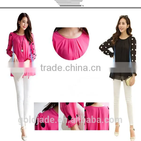 OEM lady sexy loose rose red and black chiffon dot round collar long petal sleeve blouse