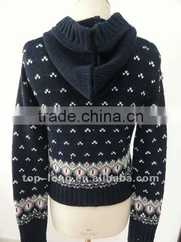 Fashion Jacquard Ladies Cardigan sweater with hooded of 100%acrylic