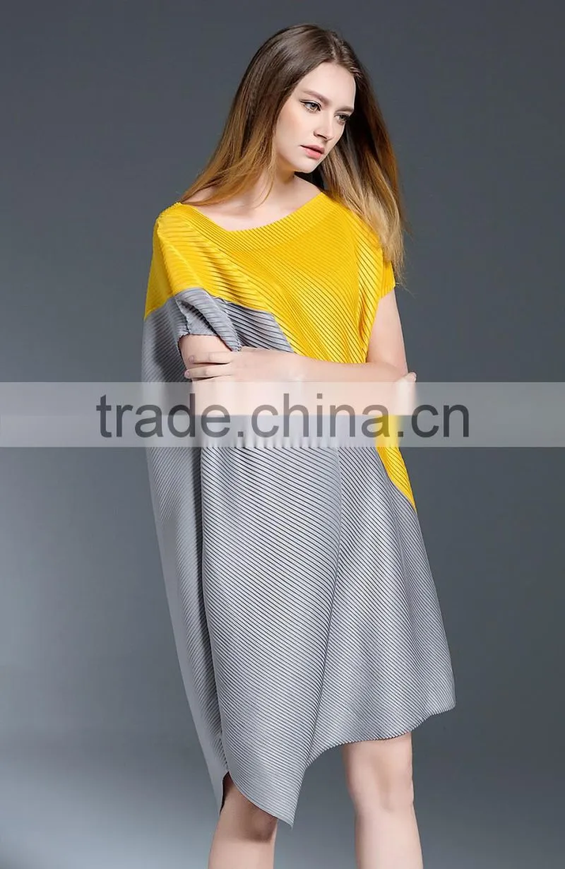 Women pleat trendy high low hem design sloping shoulder dress