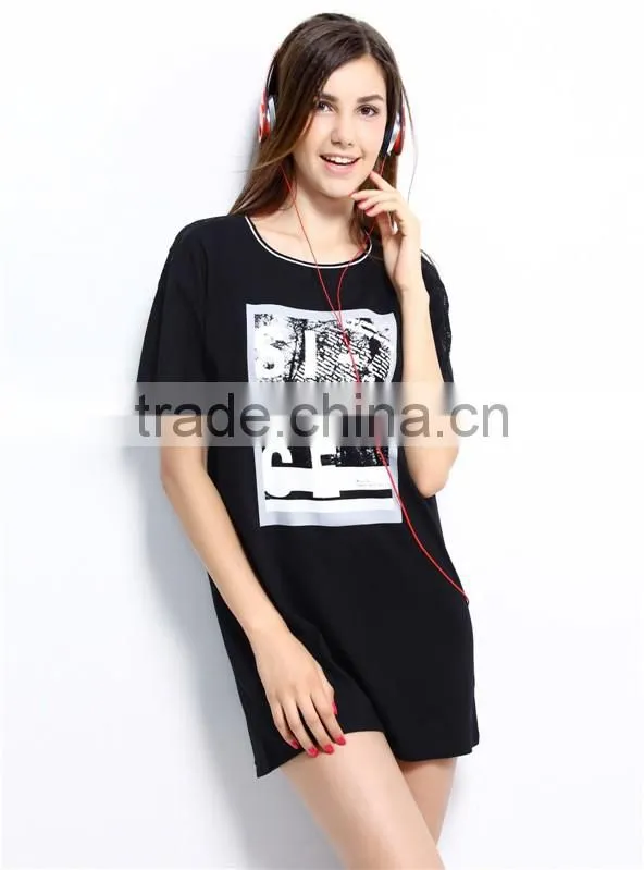 fashion women's contracted front plastisol printing letters embroidery short sleeve longline T-shirt