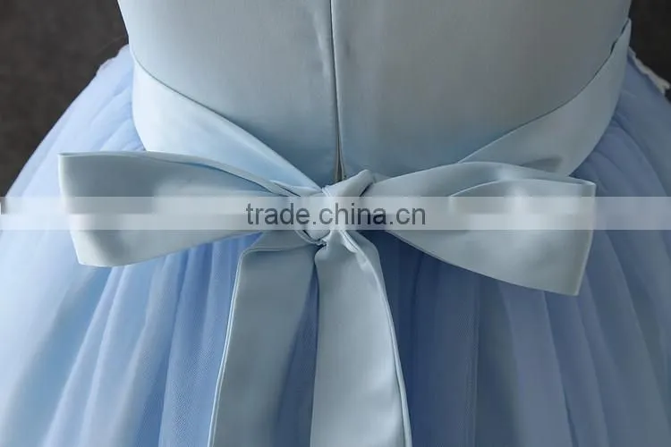 High quality OEM Princess Blue Short sleeves Embroidery Flower girls party dresses Lovely Fluffy Tulle baby Communion dresses