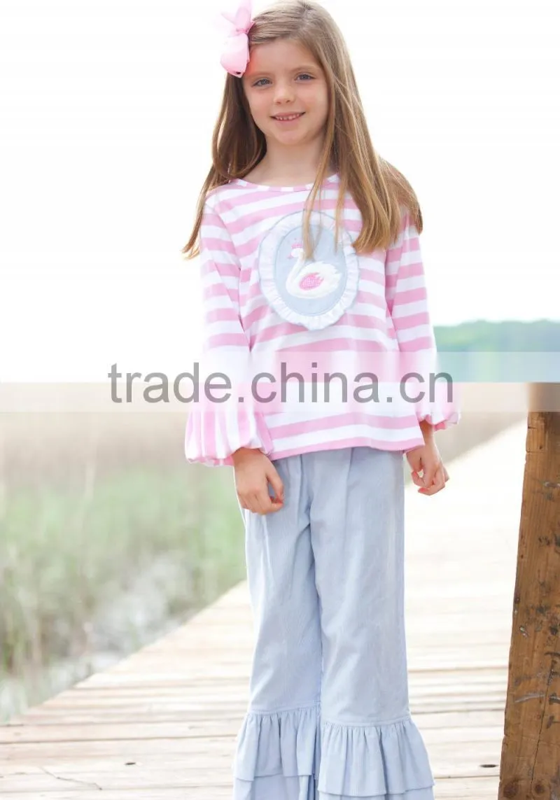 Snowy Swan T-Shirt & Light Blue Ruffle Bottom Pants 100% Cotton Fashion Kids Girls Ruffle Pants Sets