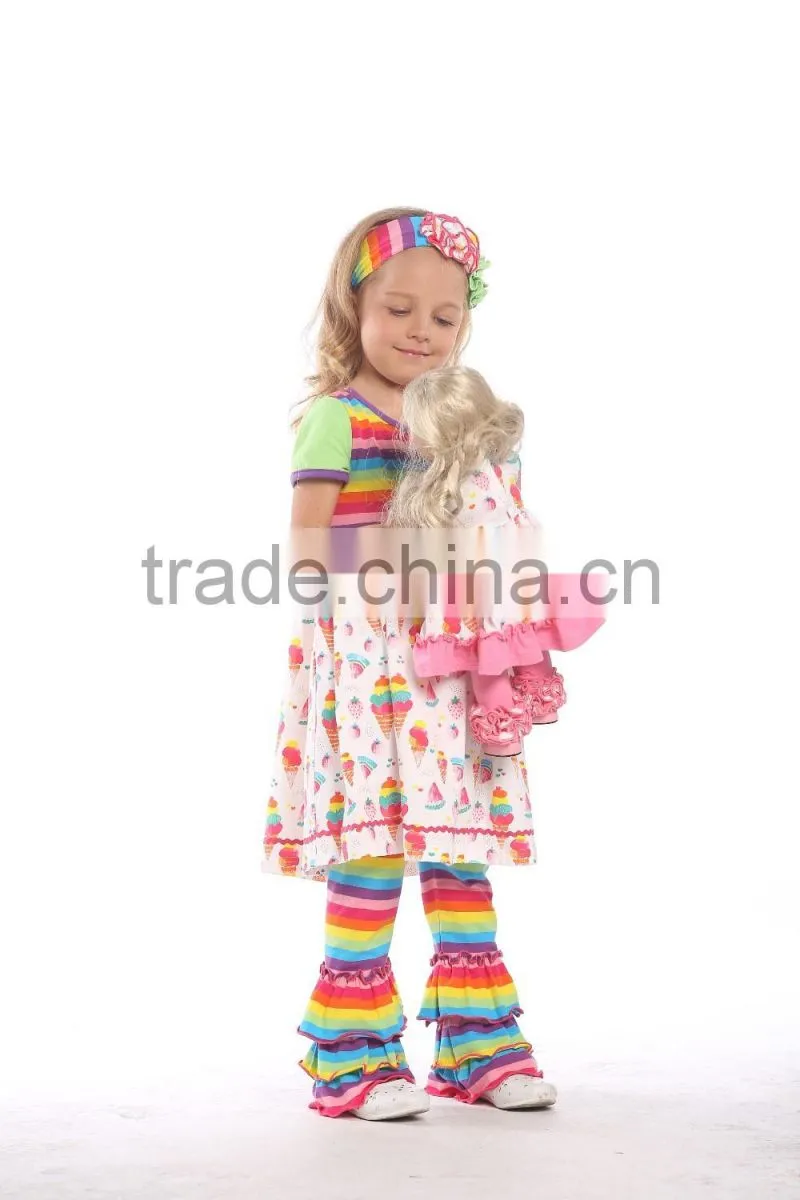 Wholesale girls ruffle sleeve raglan fashion printed icing ruffle raglan shirt and pants girls clothes set