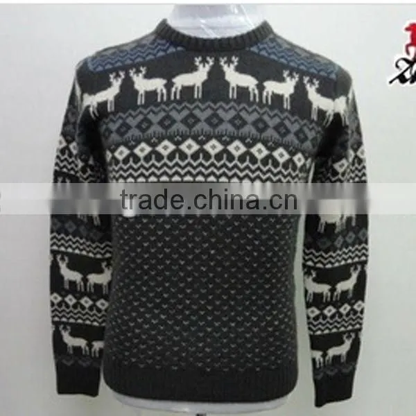 MEN FASHIONABLE CREW NECK PULLOVER CASHMERE KNITTING SPLICE DEER PATTERN FASHION BLACK SWEATER