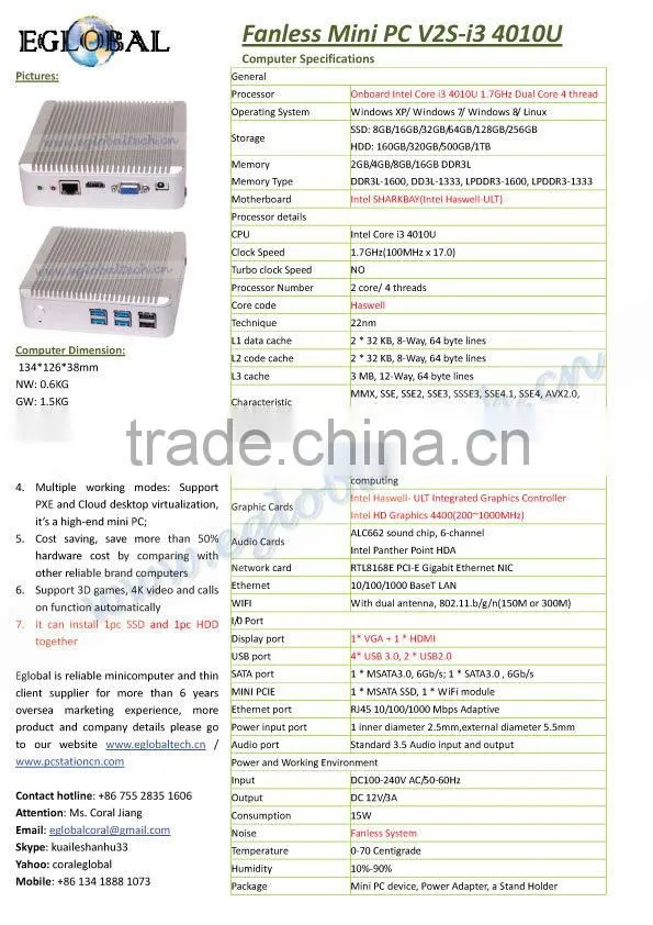 Remote Control Mini Computer with i3 CPU Haswell Design Fanless 12V DC IN 8GB RAM 32G MSATA Cheapest I3 PC
