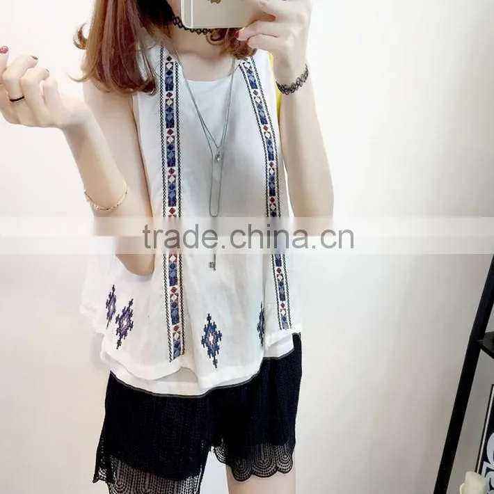 Latest Women's Clothing Loose Embroidery White Chiffon Vest 2015