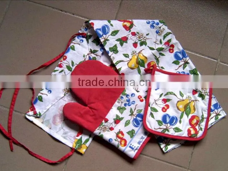 popular kitchen set 100% cotton twill apron,oven mitt ,tea towel and oven glove -44