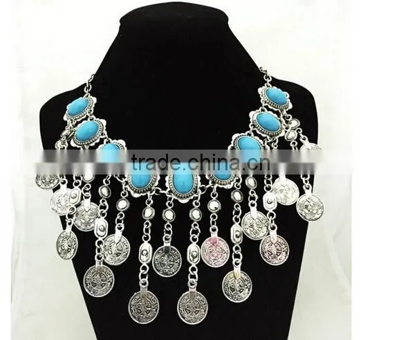 2016 new Fashion Women's Turquoise Statement Tassel Choker Collar Ethnic bohemian necklace