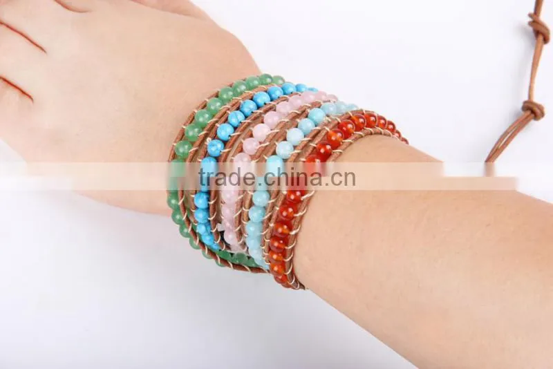 the sea blue pink crystal bracelet fashion Agate beads charm bracelet women jewelry 5 coil winding leather bracelet bangles