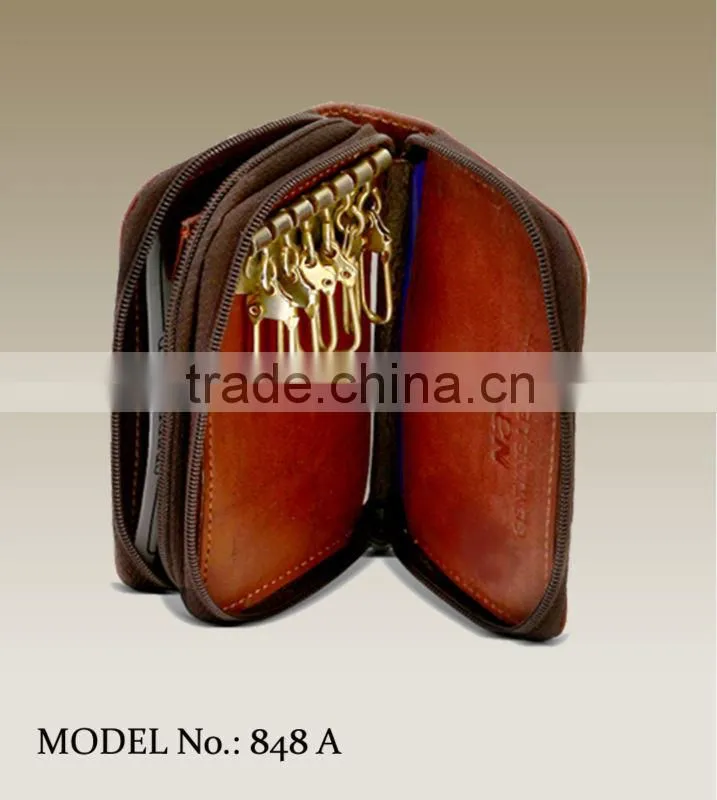 Leather key case with card pockets zipper style key case