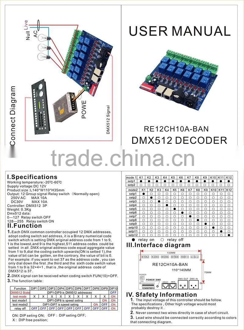 DC 12V 10A 12 channels DMX512 relay, 12CH DMX relay switch