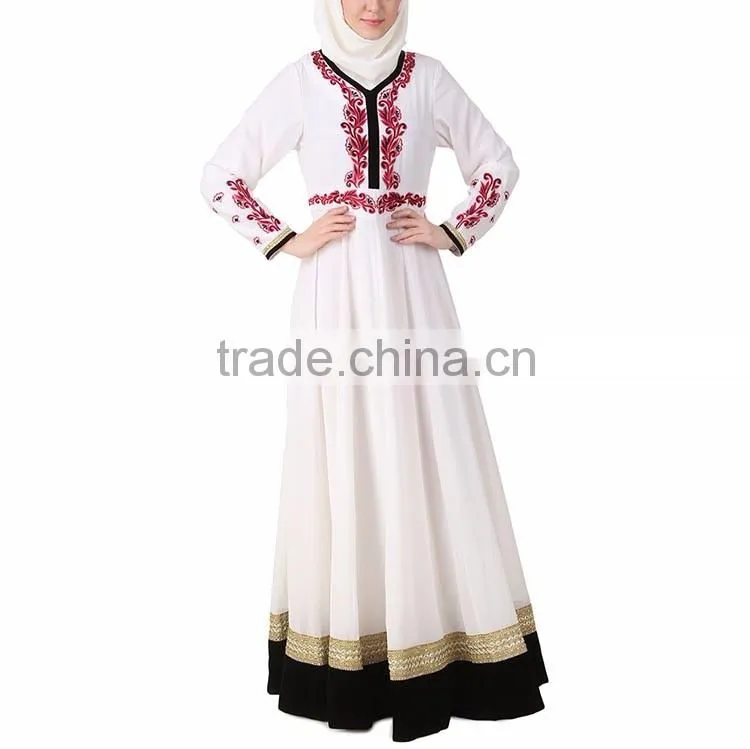 Islamic clothing hijab muslim wear white chiffon embroidered woman abaya