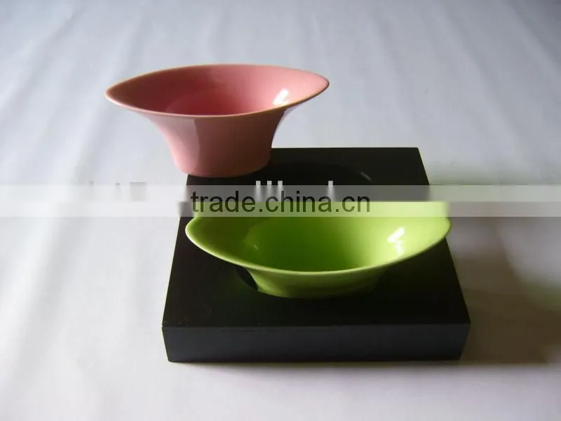 Set of 2 colorful ceramic bowl wooden snack tray