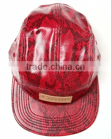 Red fashion snakeskin custom flat brim 5 panel leather hat