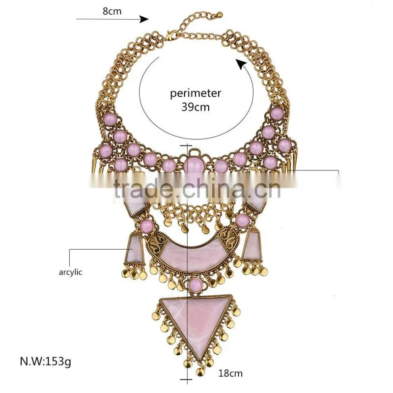 Fashion women pink arcylic gems gold plated alloy necklace jewelry