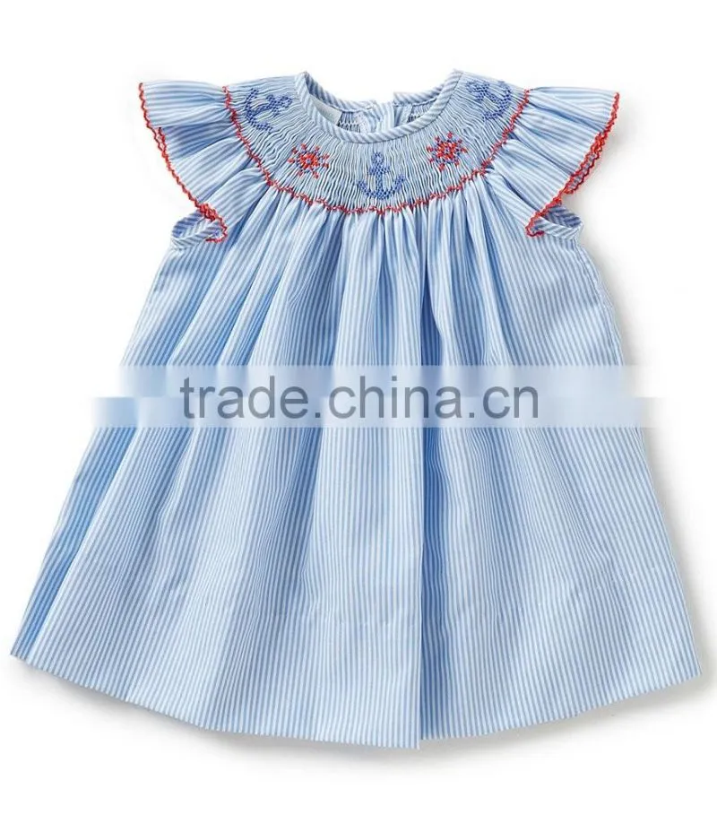 New arrival children clothes lace trim bule plaid kids clothing wholesale 100%cotton baby nice dress