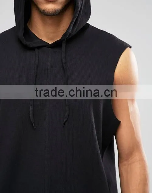 Comfortable latest design fashion black oversized sleeveless hooded t-shirt men custom
