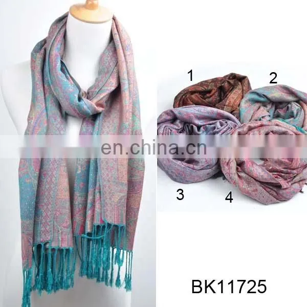 2016 Wholesale Winter Jacquard Pashmina Blue Scarf With Tufts Acrylic Shawl