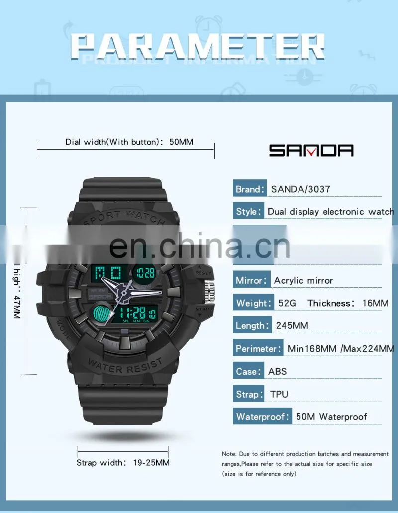 SANDA 3037 Ladies Mens Analog Digital Watches Military Waterproof Clock Casual Watch Women