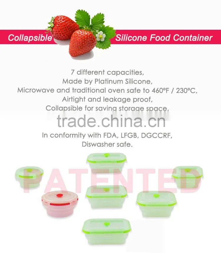 800ml Silicone food container with PP lid , Platinum silicone, Foldable, Non-stick, BPA FREE, Double colors, FDA, LFGB, DGCCRF