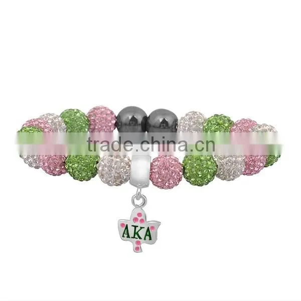 sorority AKA crystal ball ivy leaf bracelet made of 10mm pink green white crystal ball bead and hematite bead AKA-SL009