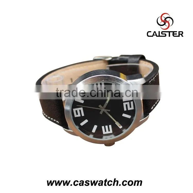2016 classic simple design men's watch with large face, black face leather watch, sports style quality water resistant watch