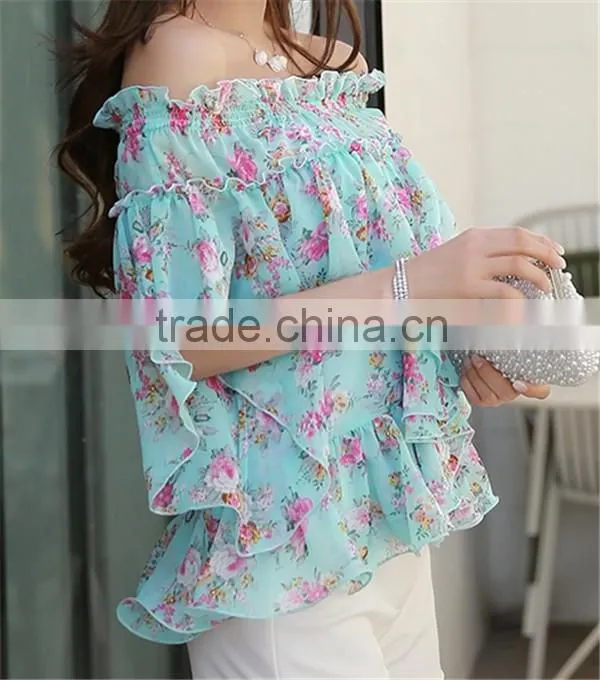 2015 lady Flower printed chiffon blouse