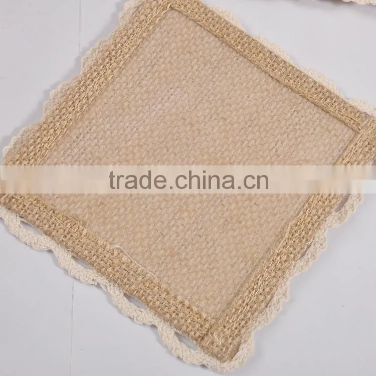 Square crochet coasters with lace trims,hot burlap fabric crochet doilies